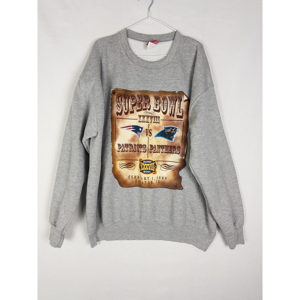 Super Bowl XXXVIII Sweatshirt Mens XL Y2K NFL Panthers Patriots Gray
